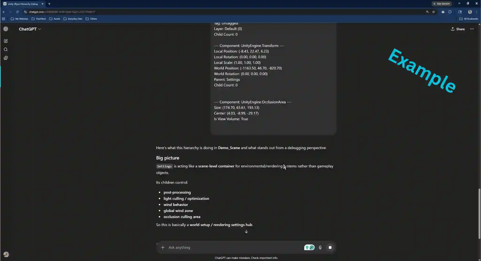 Structured Unity debugging snapshot pasted into ChatGPT for analysis